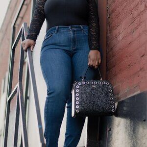 KATE SPADE HANDBAG | Black Leather w/ Glitter & Jeweled Embellishment
